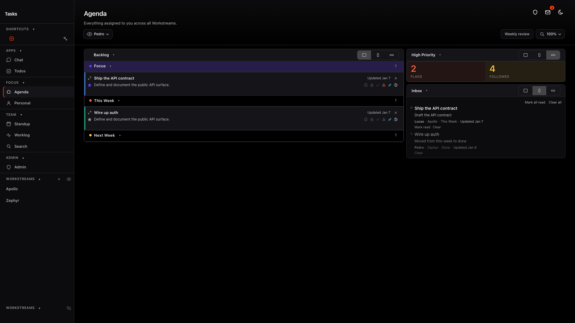 Tasks Agenda showing focused work, recent updates, and high-priority counts in a responsive mosaic.